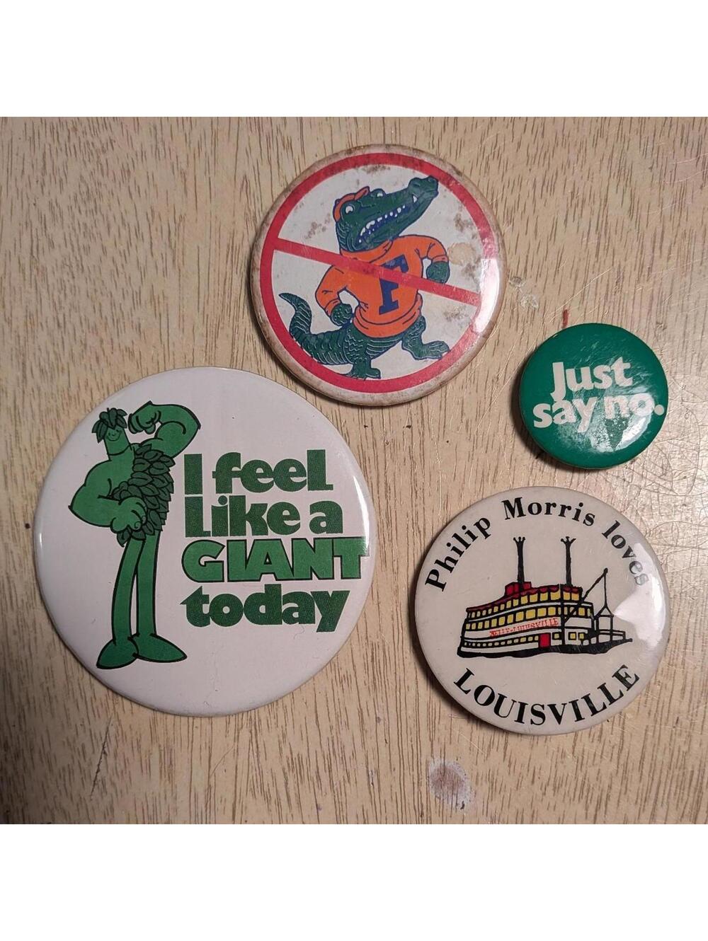 Pinback Button 4 GreenGiant Just Say No Philip Morris Loves Louisville No Gators